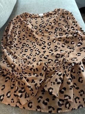 a new day Tan and Black Leopard Print V-Neck Blouse with Smocked Bell Sleeves